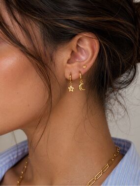 3 Pairs | 18K Gold Plated Star & Moon Hoop Earrings Set